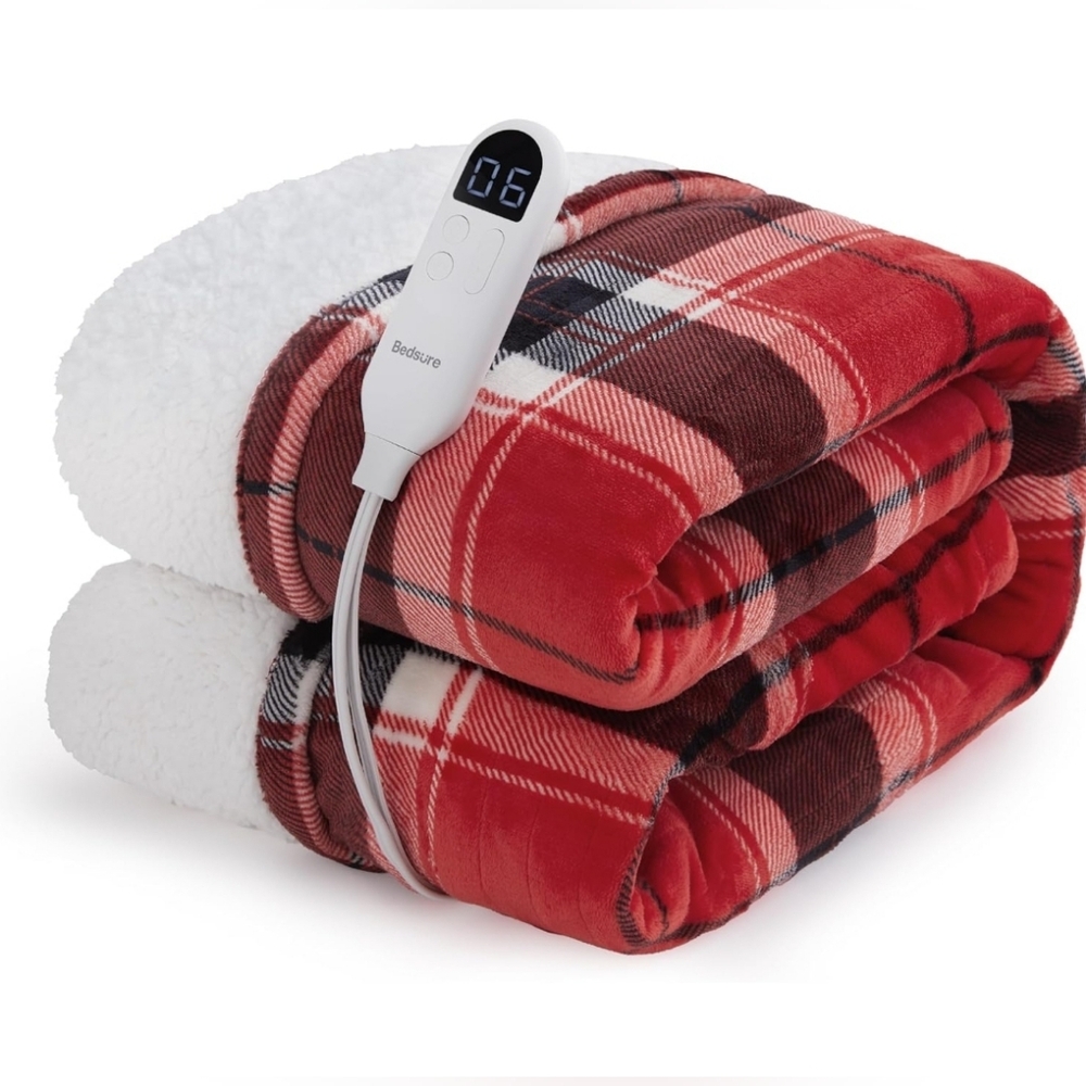 Bedsure Red Plaid Heated Throw Blanket - Safe - 6 Heat Settings, 50x60